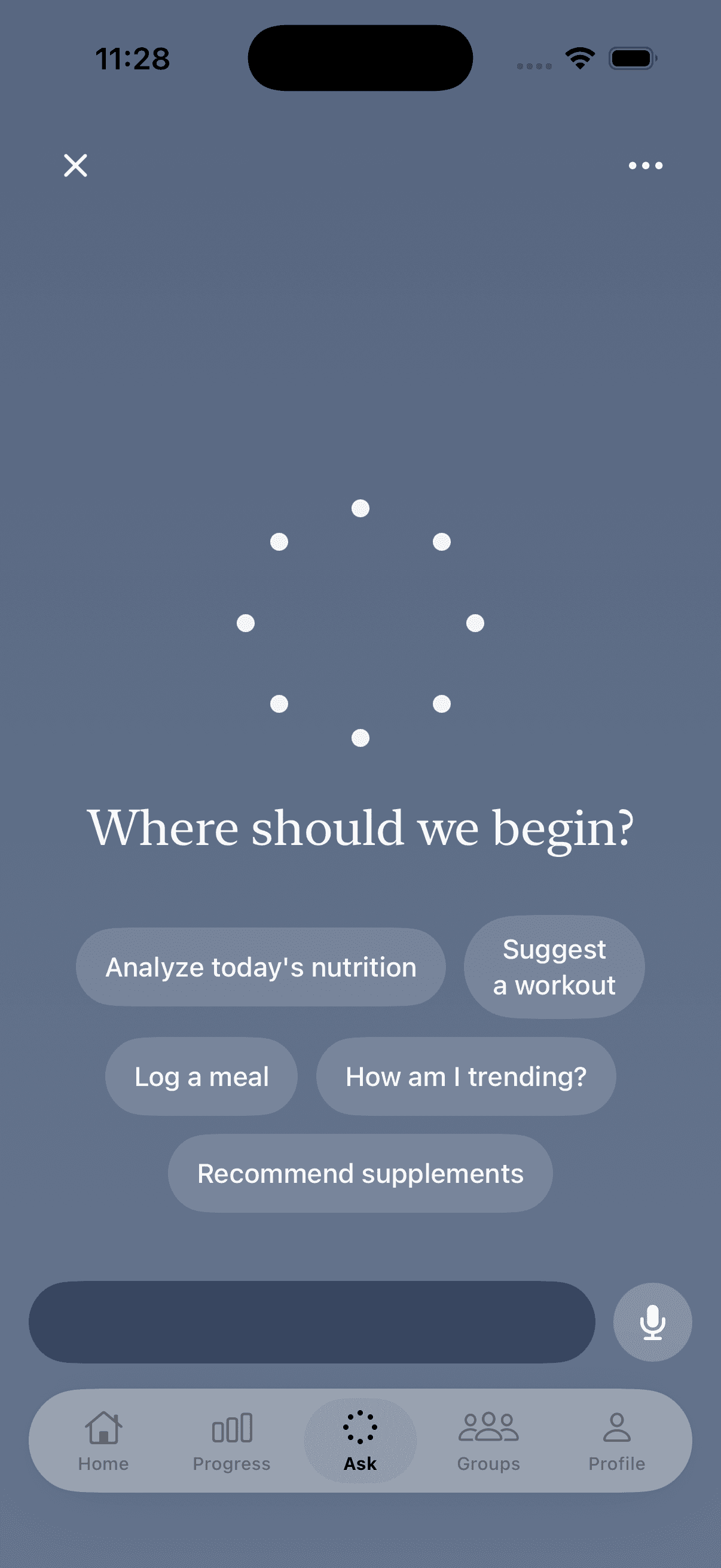 Qyra Ask, AI coaching screen with suggestion chips