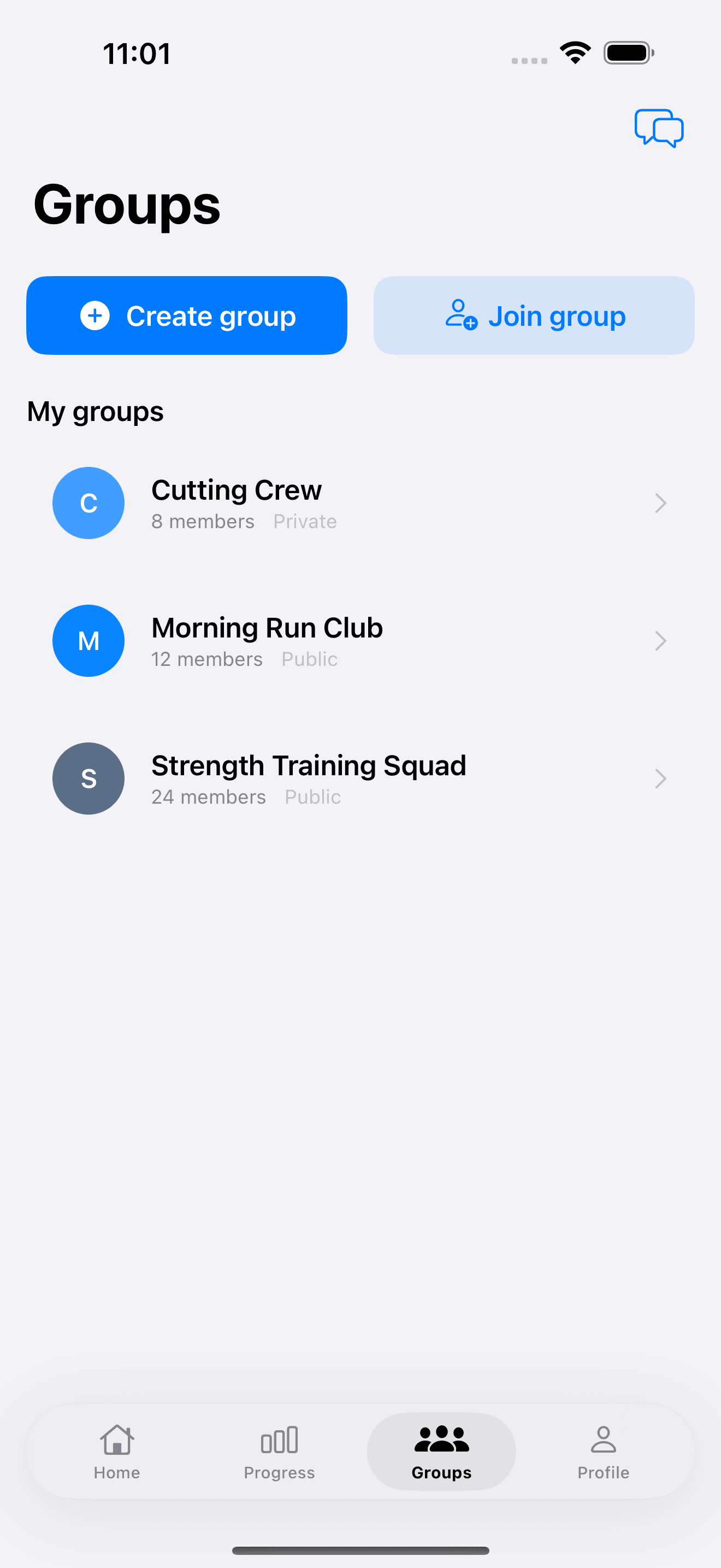 Qyra Groups, create or join a group to train together