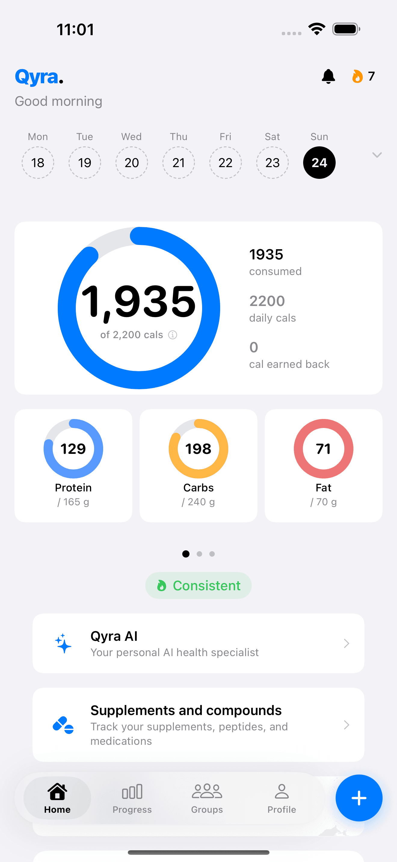 Qyra Home tab, daily macros, calories, and supplements