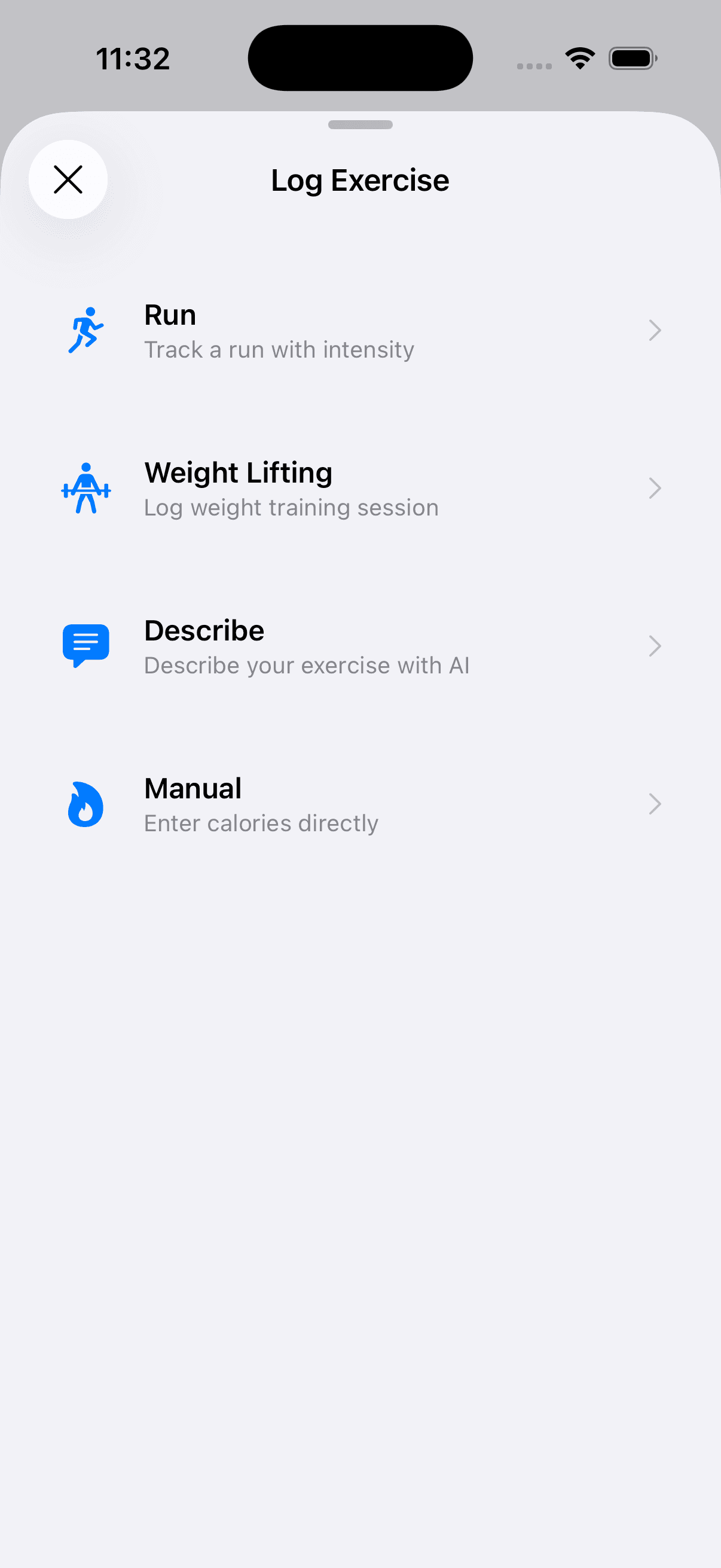 Qyra Log Exercise, Run, Weight Lifting, Describe, or Manual entry