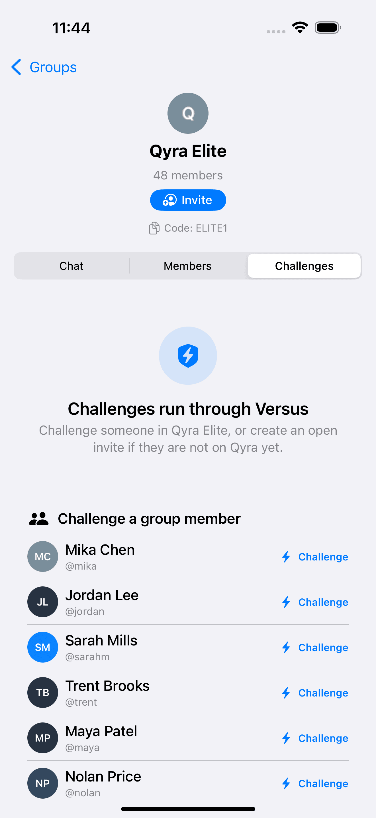 Qyra Versus challenge roster with available group members